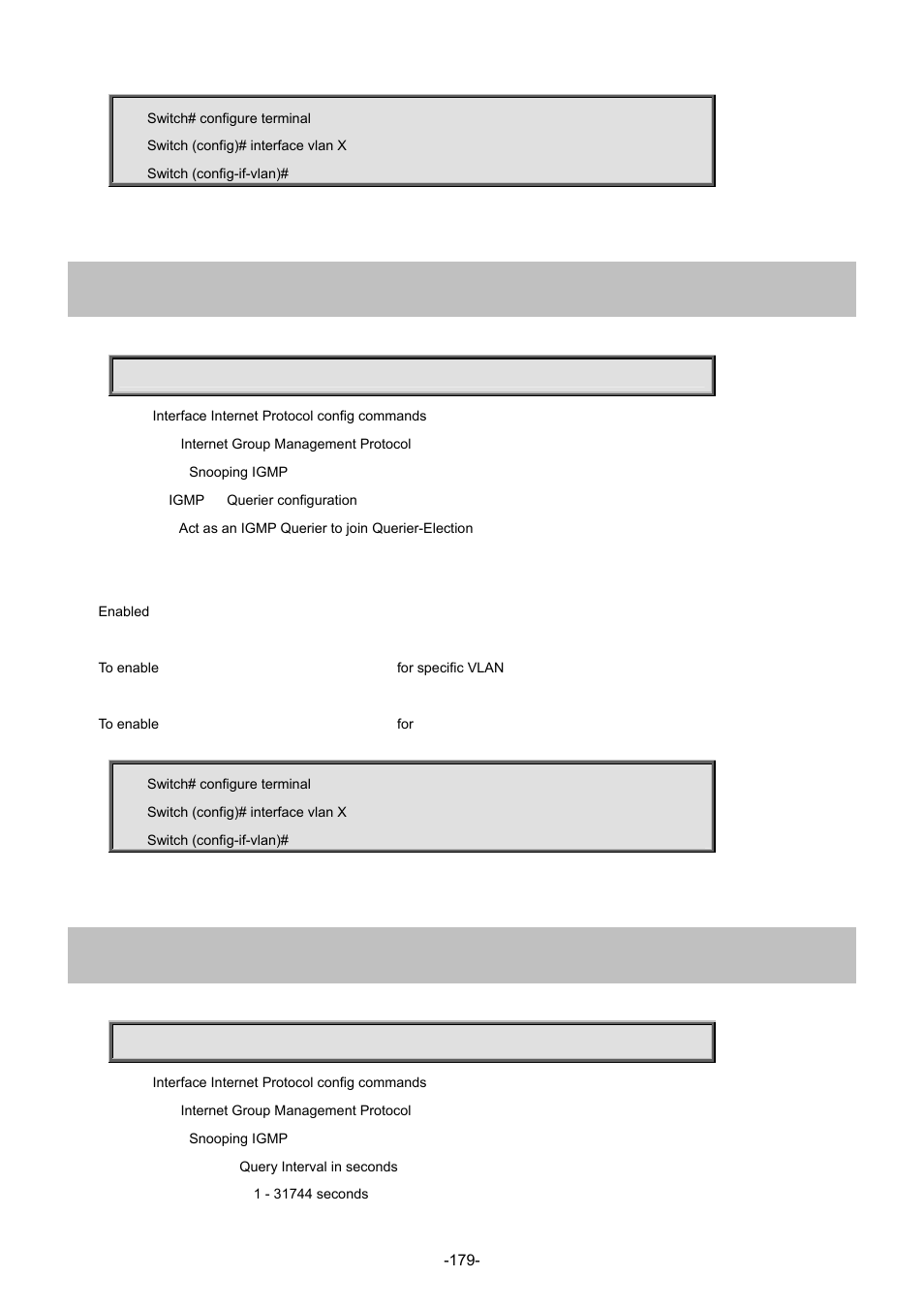 13 ip igmp snooping querier election, 14 ip igmp snooping query-interval | Interlogix NS4702-24P-4S-4X Command Line Guide User Manual | Page 179 / 434