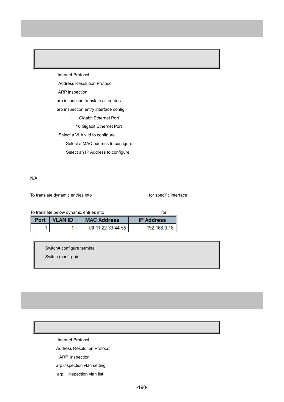 70 ip arp inspection translate interface, 71 ip arp inspection vlan | Interlogix NS4702-24P-4S-4X Command Line Guide User Manual | Page 190 / 434