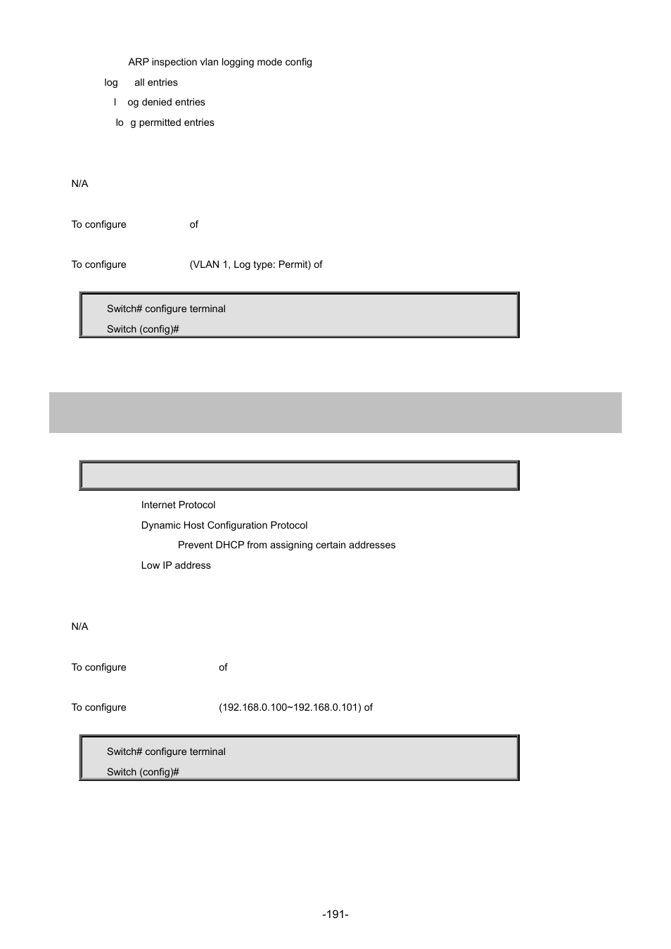 72 ip dhcp excluded-address | Interlogix NS4702-24P-4S-4X Command Line Guide User Manual | Page 191 / 434