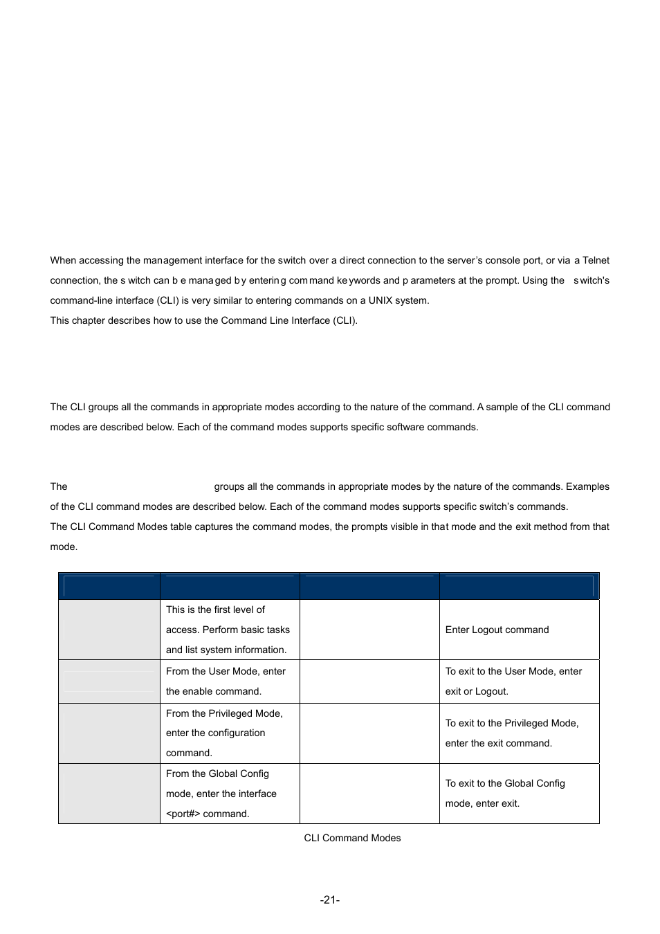 Chapter 1 command line interface, 1 accessing the cli, 2 command line modes | Interlogix NS4702-24P-4S-4X Command Line Guide User Manual | Page 21 / 434