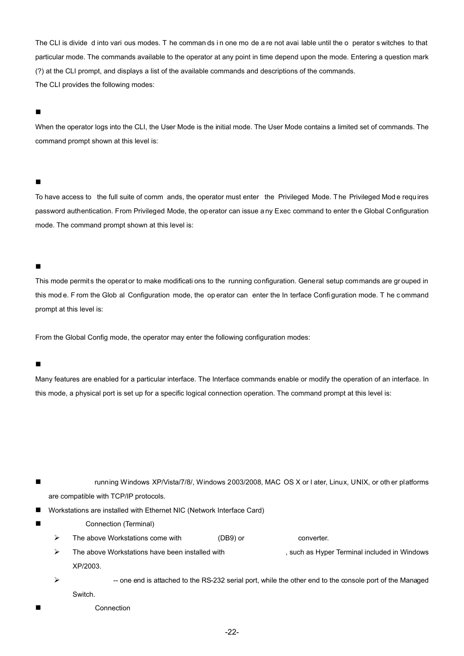 3 requirements, User mode, Privileged mode | Global config mode, Interface config mode | Interlogix NS4702-24P-4S-4X Command Line Guide User Manual | Page 22 / 434