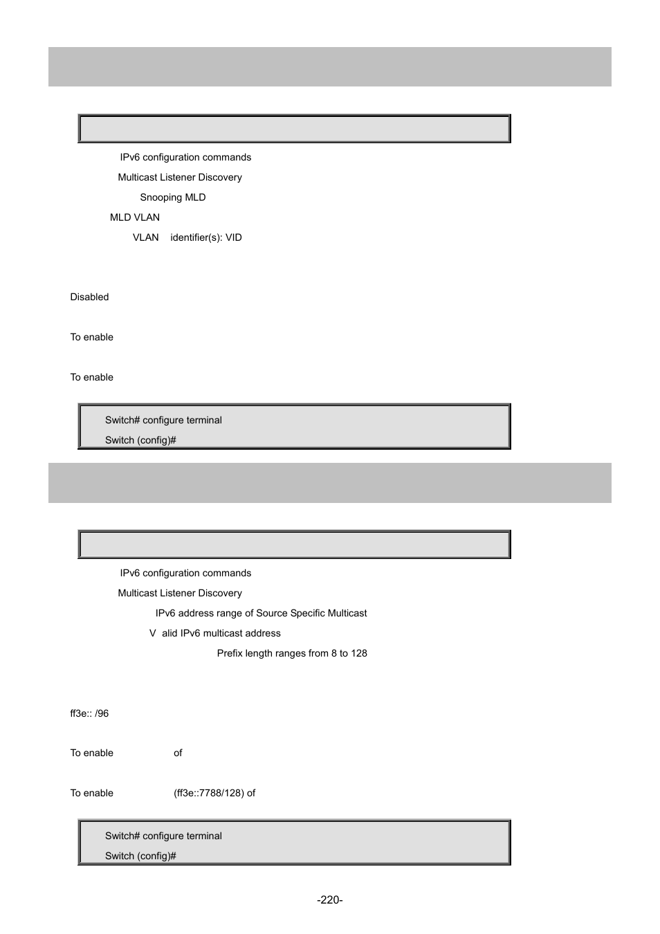 98 ipv6 mld snooping vlan, 99 ipv6 mld ssm-range | Interlogix NS4702-24P-4S-4X Command Line Guide User Manual | Page 220 / 434