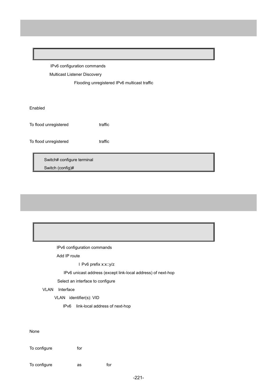 100 ipv6 mld unknown-flooding, 101 ipv6 route | Interlogix NS4702-24P-4S-4X Command Line Guide User Manual | Page 221 / 434