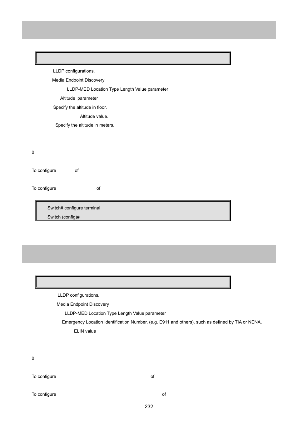 107 lldp med location-tlv altitude, 108 lldp med location-tlv elin-addr | Interlogix NS4702-24P-4S-4X Command Line Guide User Manual | Page 232 / 434