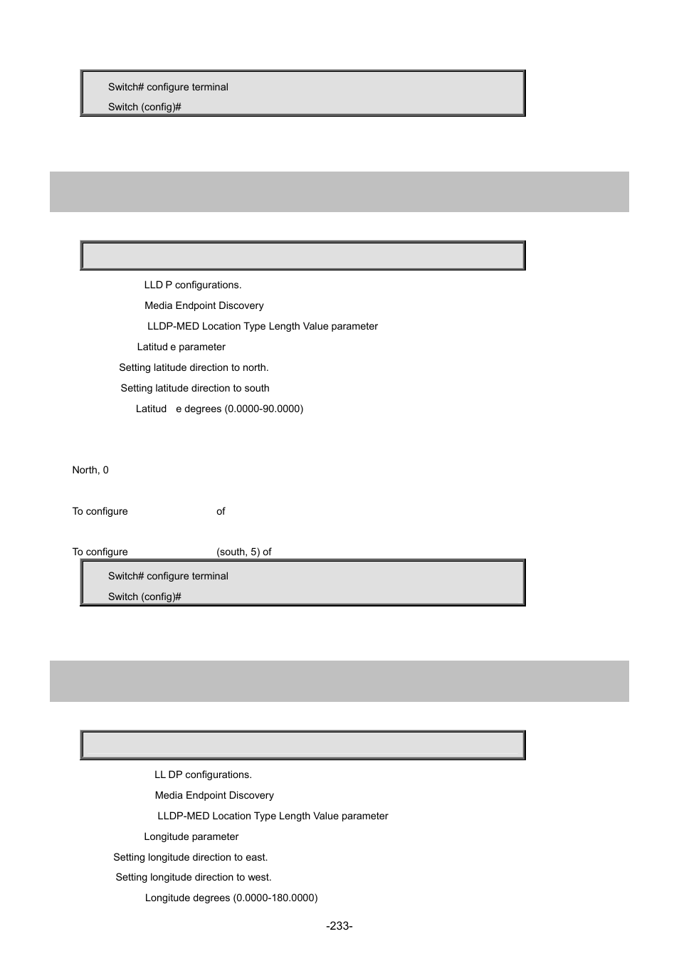 109 lldp med location-tlv latitude, 110 lldp med location-tlv longitude | Interlogix NS4702-24P-4S-4X Command Line Guide User Manual | Page 233 / 434