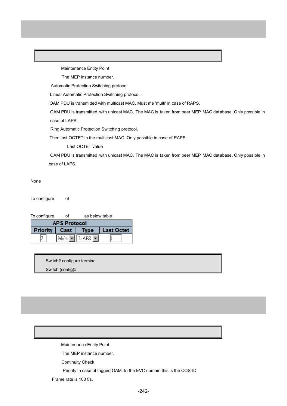 124 mep <instance> aps, 125 mep <instance> cc | Interlogix NS4702-24P-4S-4X Command Line Guide User Manual | Page 242 / 434