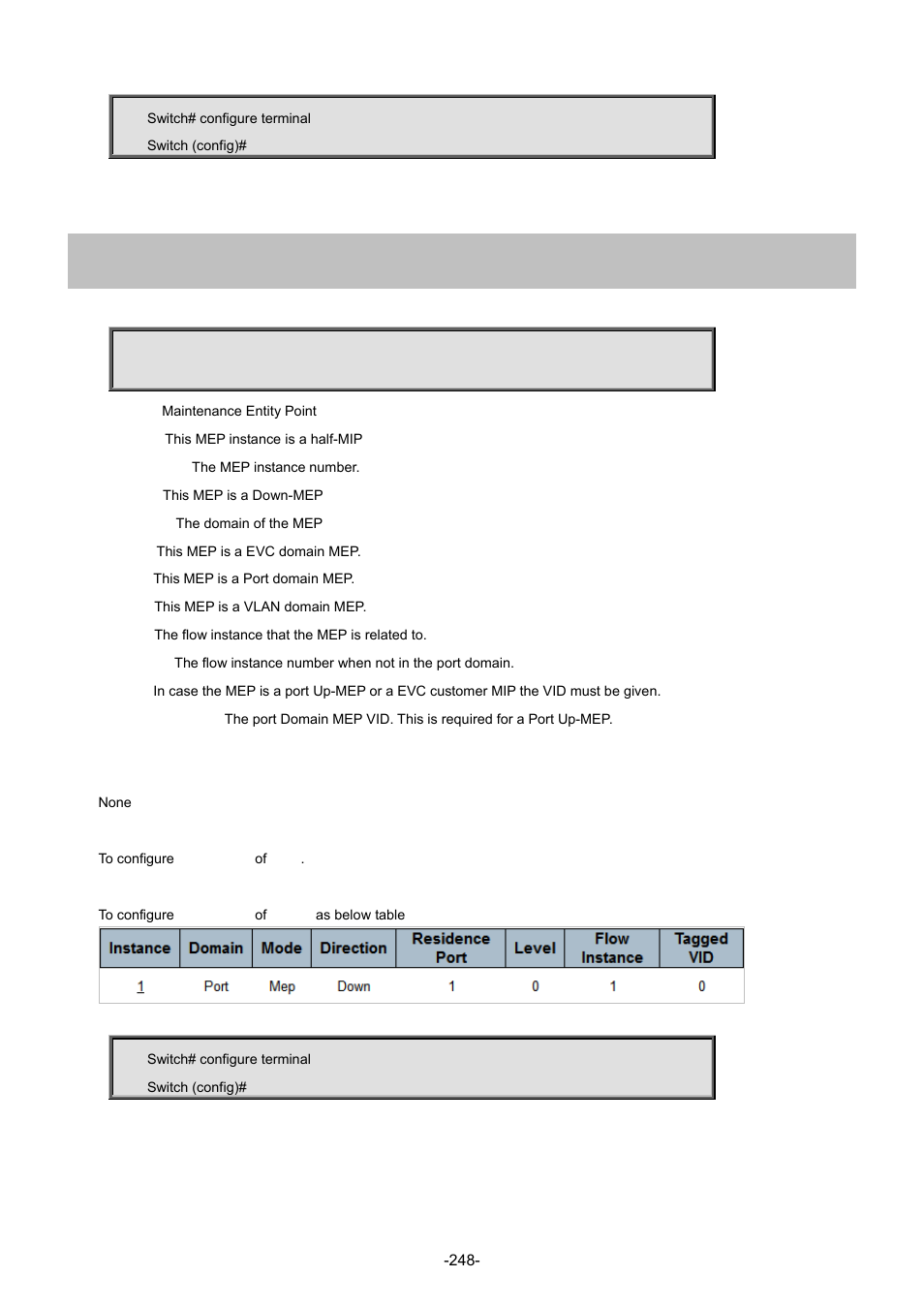 133 mep <instance> down | Interlogix NS4702-24P-4S-4X Command Line Guide User Manual | Page 248 / 434