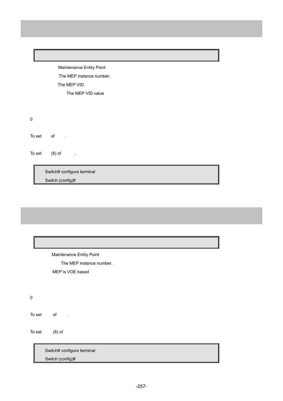 145 mep <instance> vid, 146 mep <instance> voe | Interlogix NS4702-24P-4S-4X Command Line Guide User Manual | Page 257 / 434