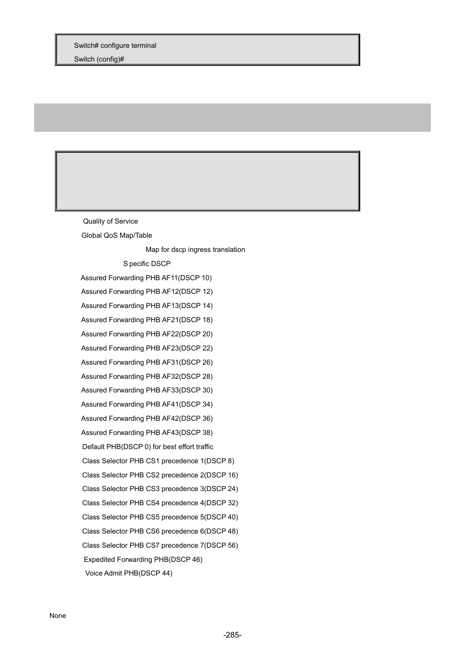 186 qos map dscp-ingress-translation | Interlogix NS4702-24P-4S-4X Command Line Guide User Manual | Page 285 / 434