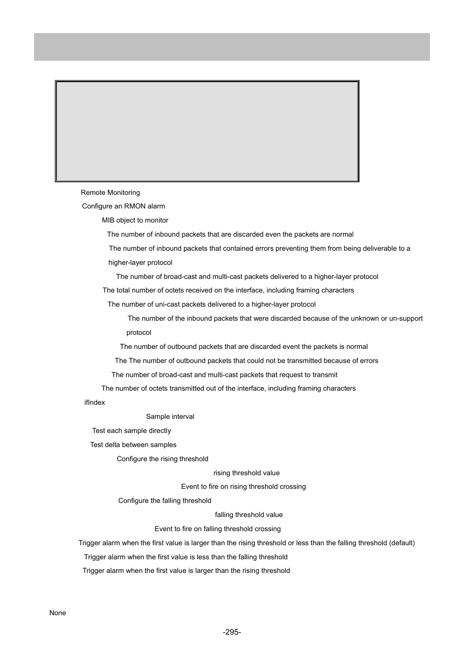 199 rmon alarm | Interlogix NS4702-24P-4S-4X Command Line Guide User Manual | Page 295 / 434