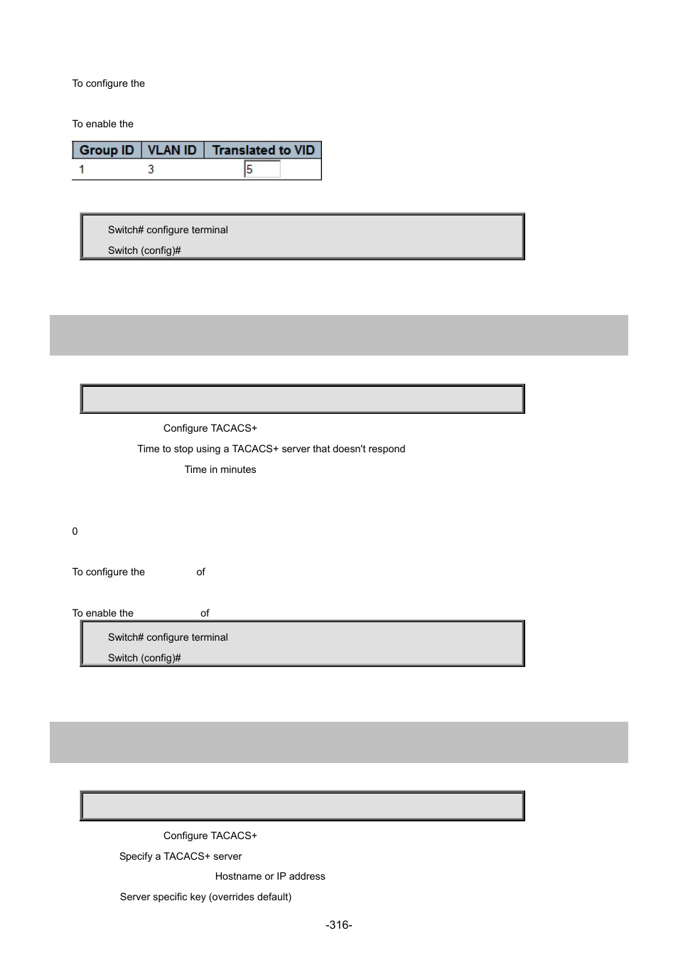 215 tacacs-server deadtime, 216 tacacs-server host | Interlogix NS4702-24P-4S-4X Command Line Guide User Manual | Page 316 / 434