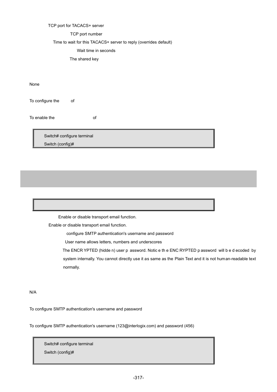 217 transport email authentication | Interlogix NS4702-24P-4S-4X Command Line Guide User Manual | Page 317 / 434