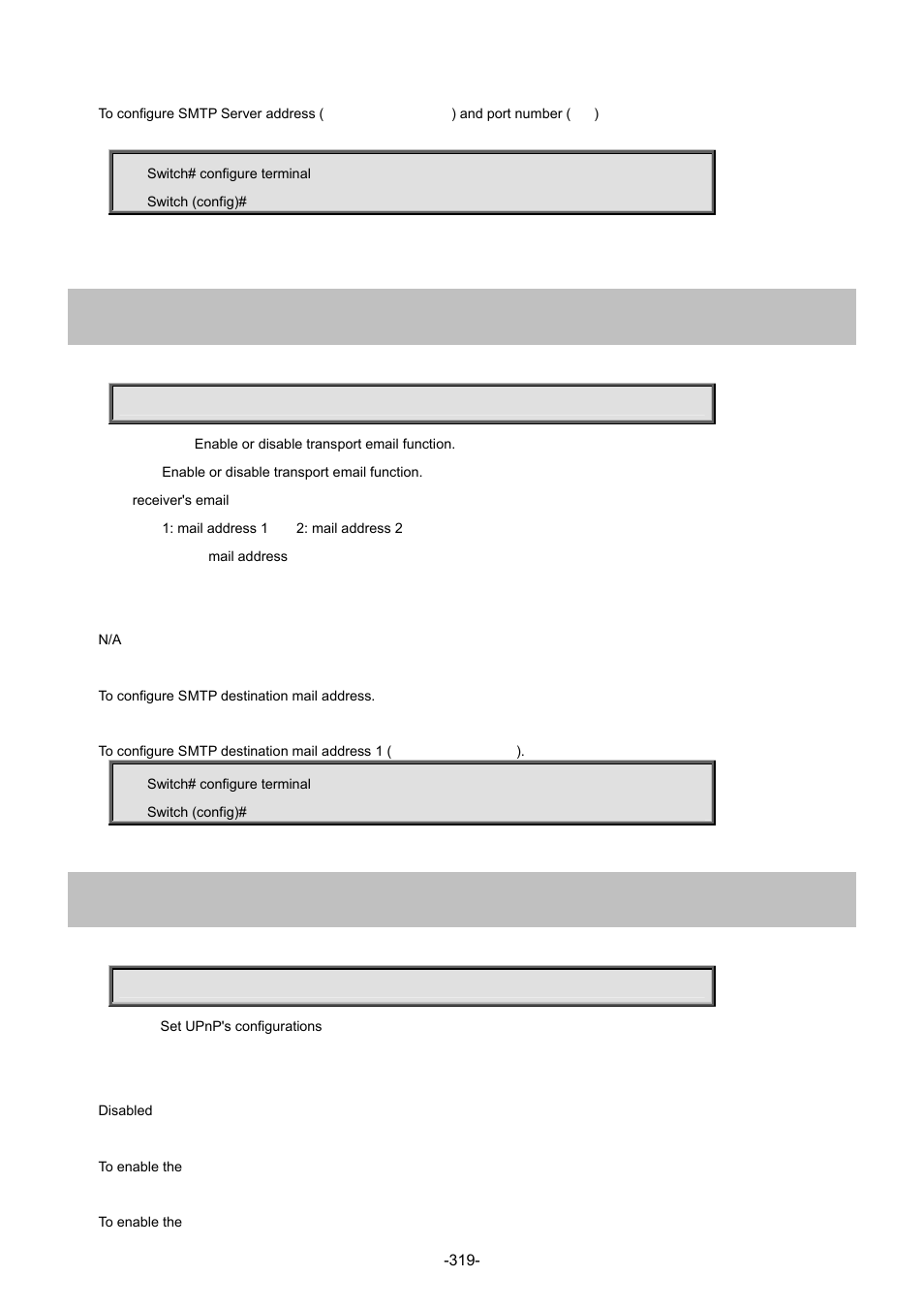 220 transport email to, 221 upnp | Interlogix NS4702-24P-4S-4X Command Line Guide User Manual | Page 319 / 434