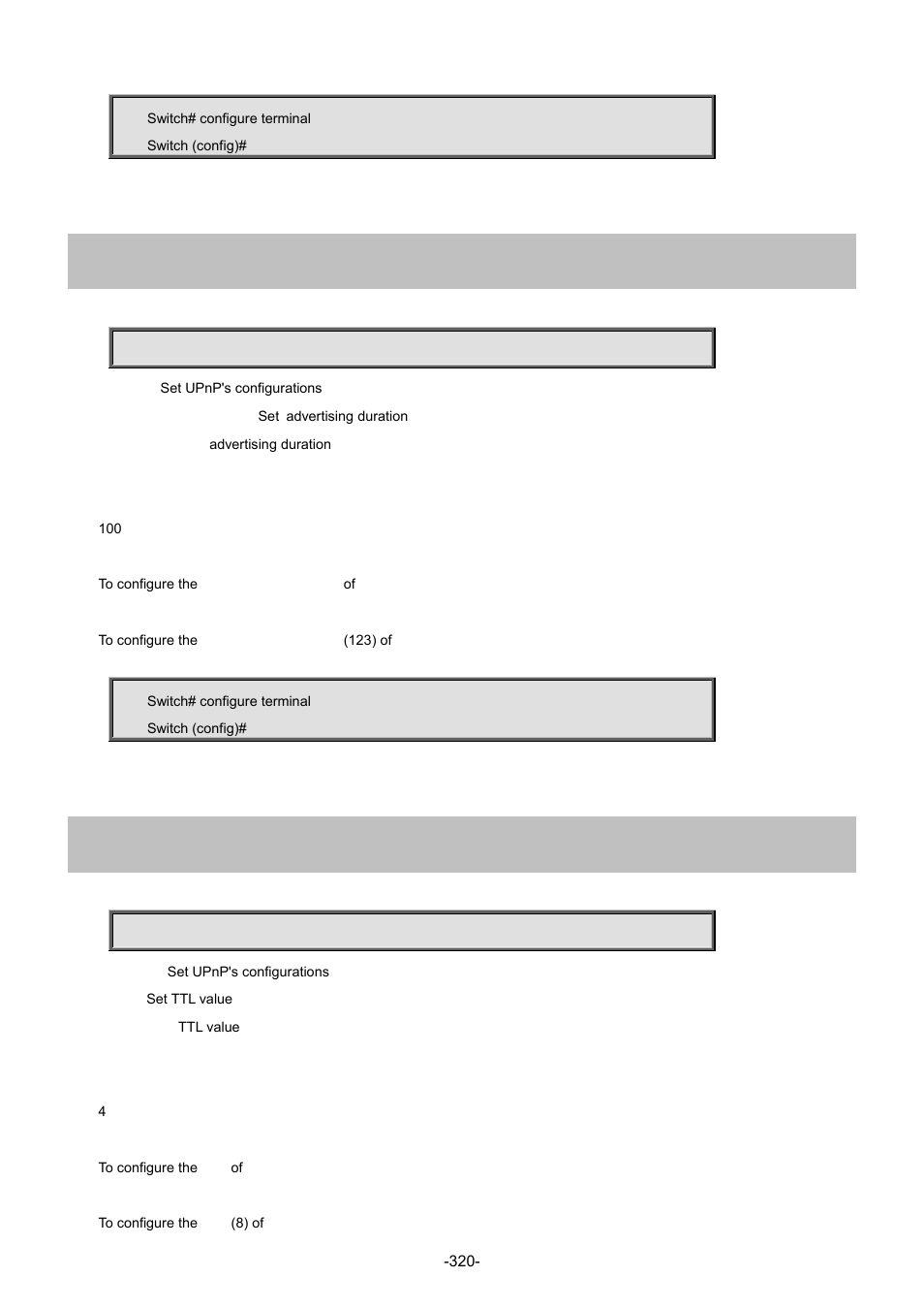 222 upnp advertising-duration, 223 upnp ttl | Interlogix NS4702-24P-4S-4X Command Line Guide User Manual | Page 320 / 434