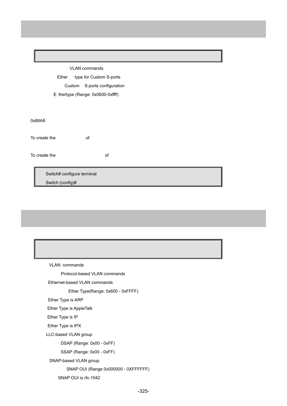 226 vlan ethertype s-custom-port, 227 vlan protocol | Interlogix NS4702-24P-4S-4X Command Line Guide User Manual | Page 325 / 434