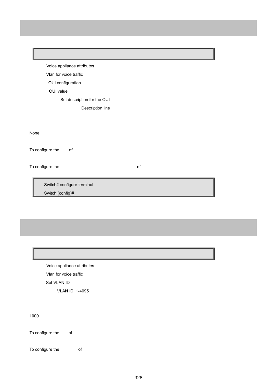 231 voice vlan oui, 232 voice vlan vid | Interlogix NS4702-24P-4S-4X Command Line Guide User Manual | Page 328 / 434