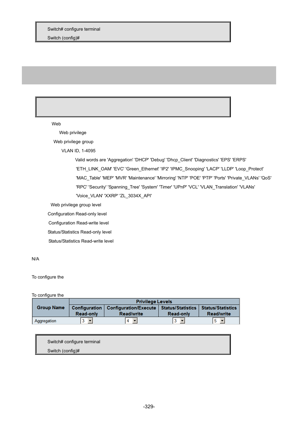 233 web privilege group | Interlogix NS4702-24P-4S-4X Command Line Guide User Manual | Page 329 / 434