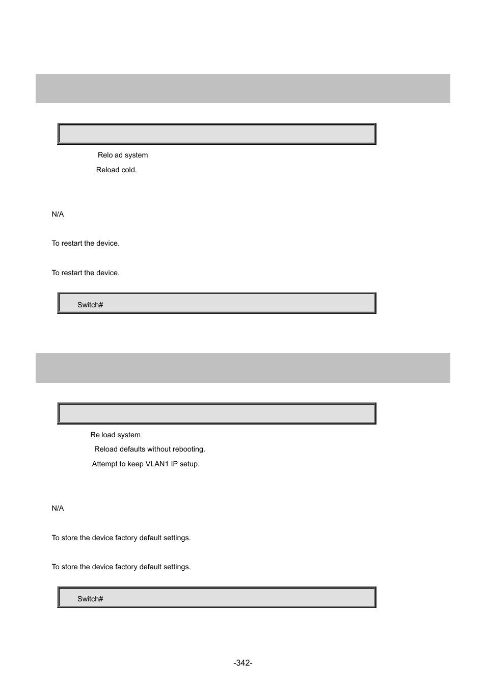 19 reload, 1 reload cold, 2 reload defaults | Interlogix NS4702-24P-4S-4X Command Line Guide User Manual | Page 342 / 434