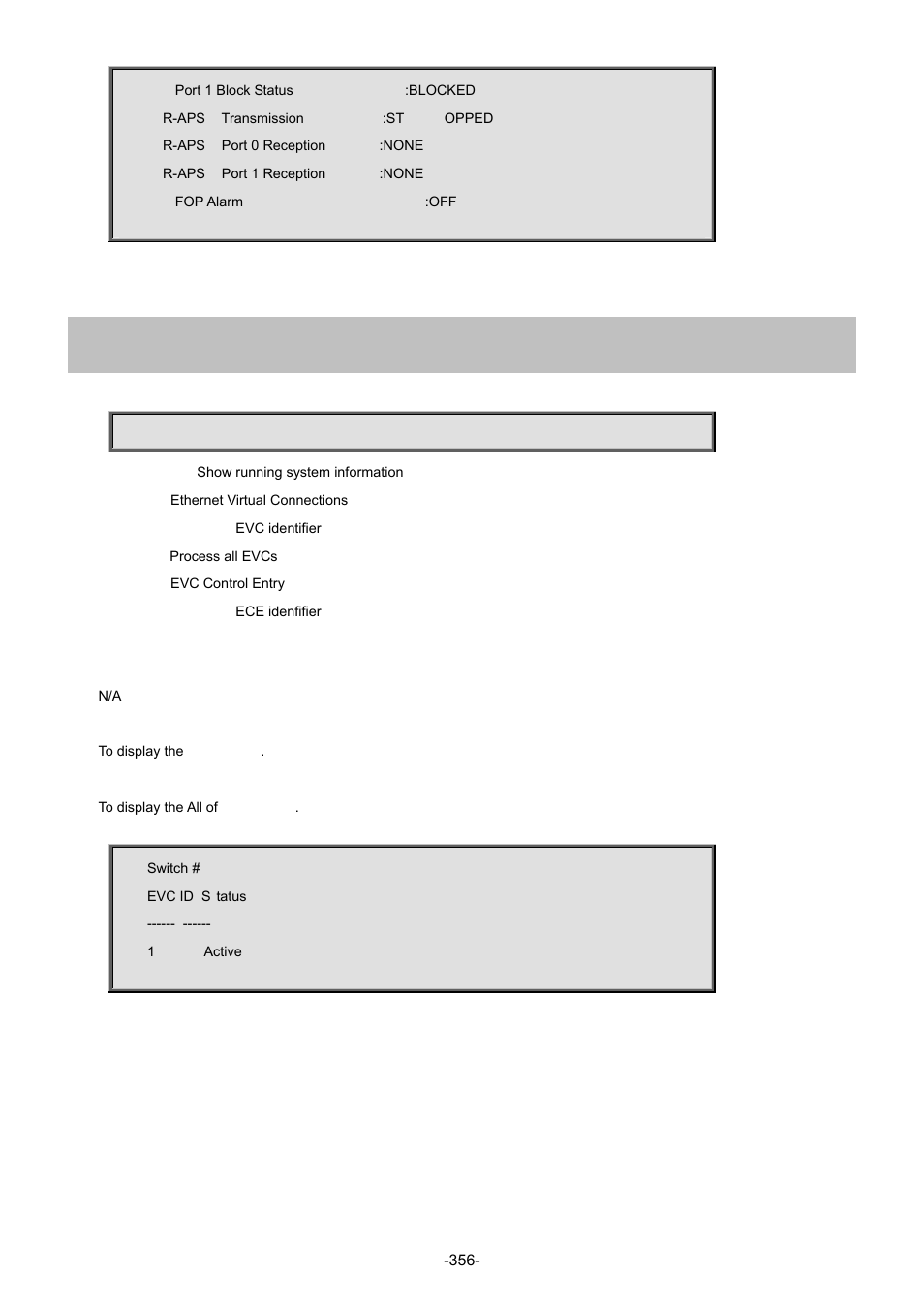 14 show evc | Interlogix NS4702-24P-4S-4X Command Line Guide User Manual | Page 356 / 434