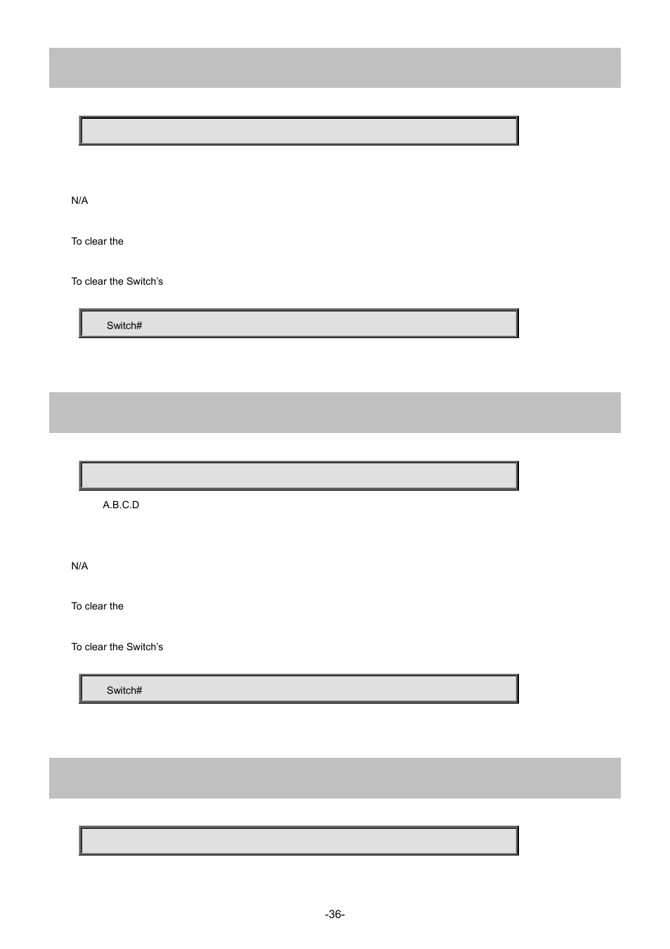 14 clear ip dhcp relay statistics, 15 clear ip dhcp server binding, 16 clear ip dhcp server binding automatic | Interlogix NS4702-24P-4S-4X Command Line Guide User Manual | Page 36 / 434