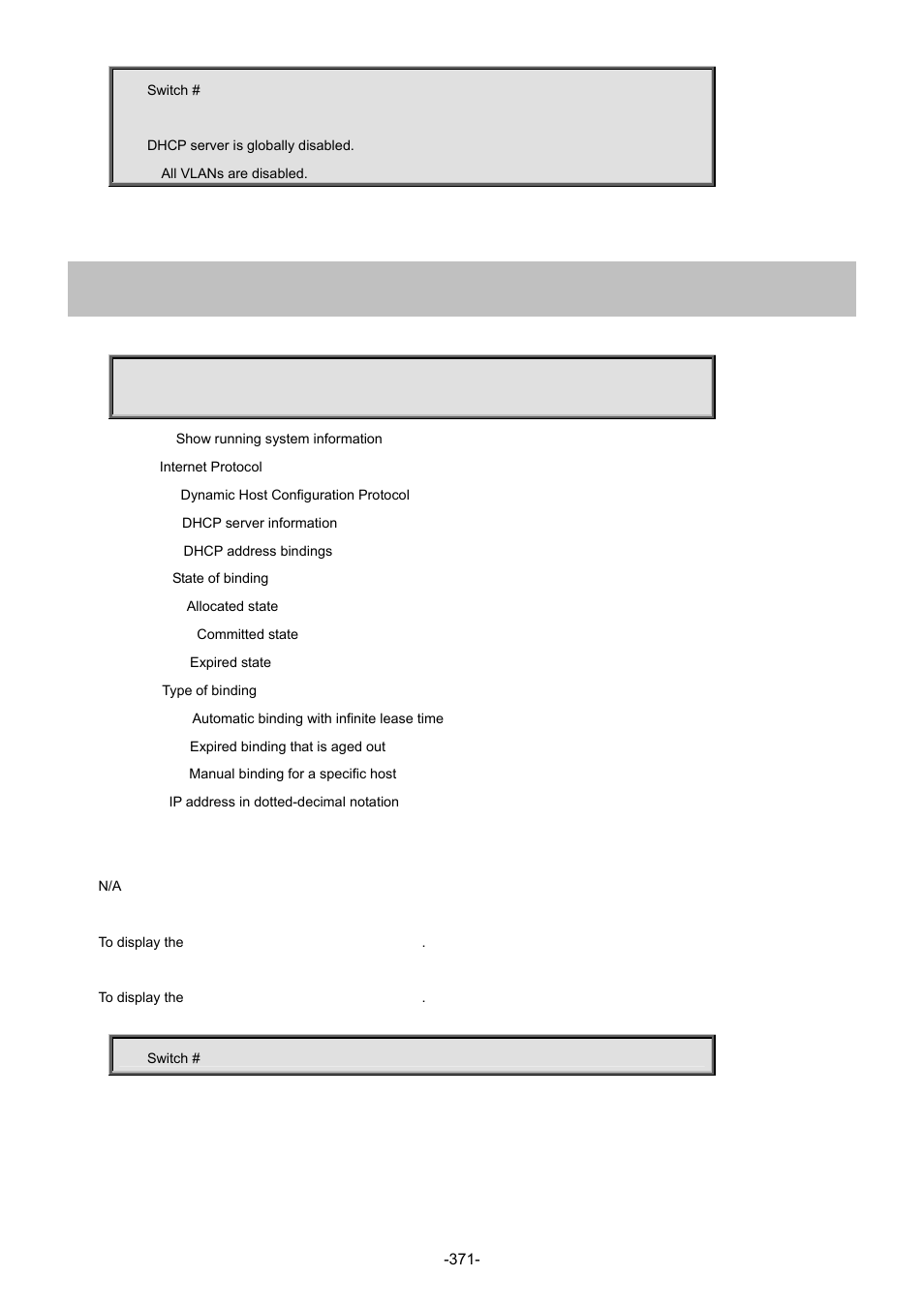 36 show ip dhcp server binding (gg) | Interlogix NS4702-24P-4S-4X Command Line Guide User Manual | Page 371 / 434
