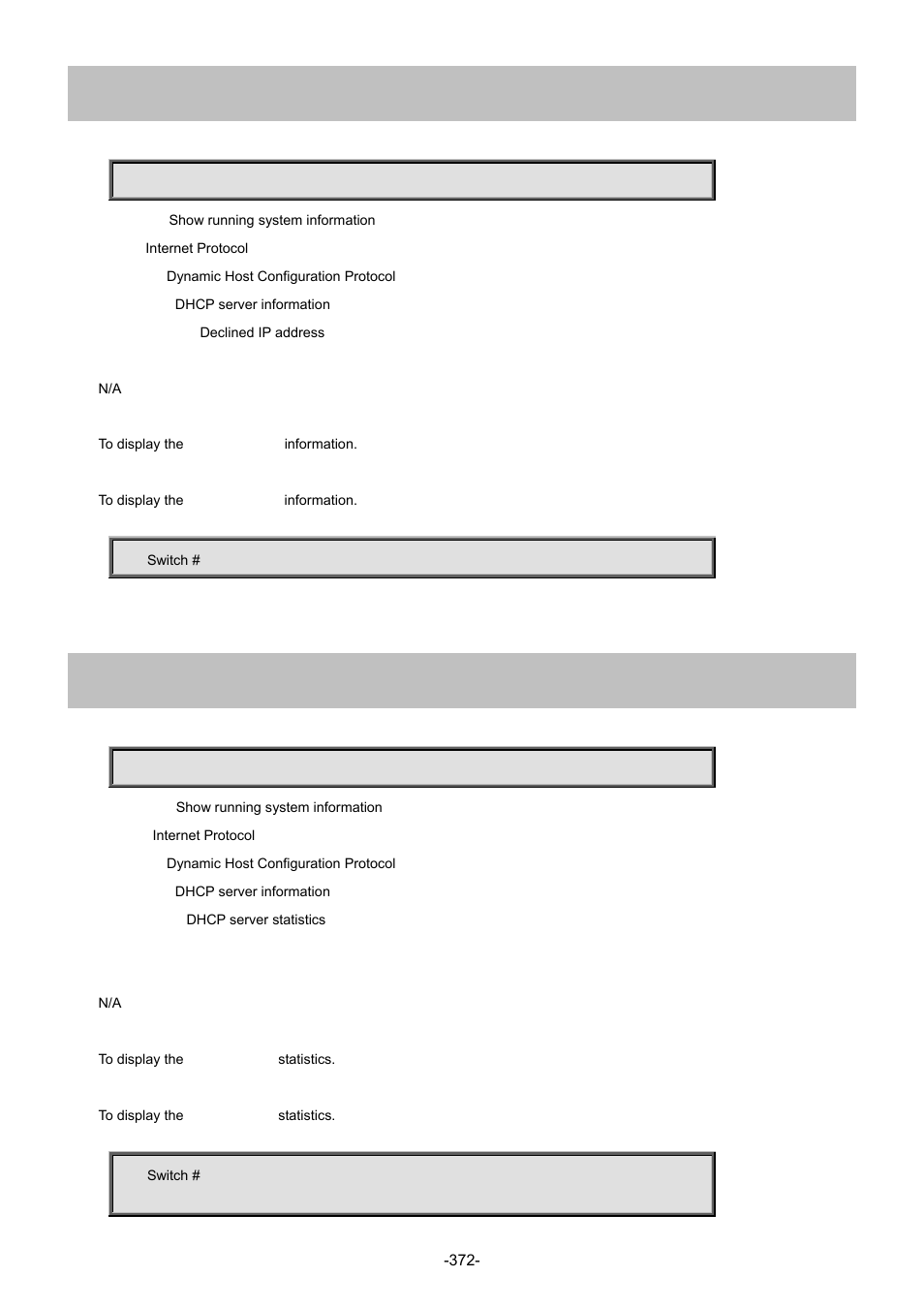 37 show ip dhcp server declined-ip (gg), 38 show ip dhcp server statistics | Interlogix NS4702-24P-4S-4X Command Line Guide User Manual | Page 372 / 434