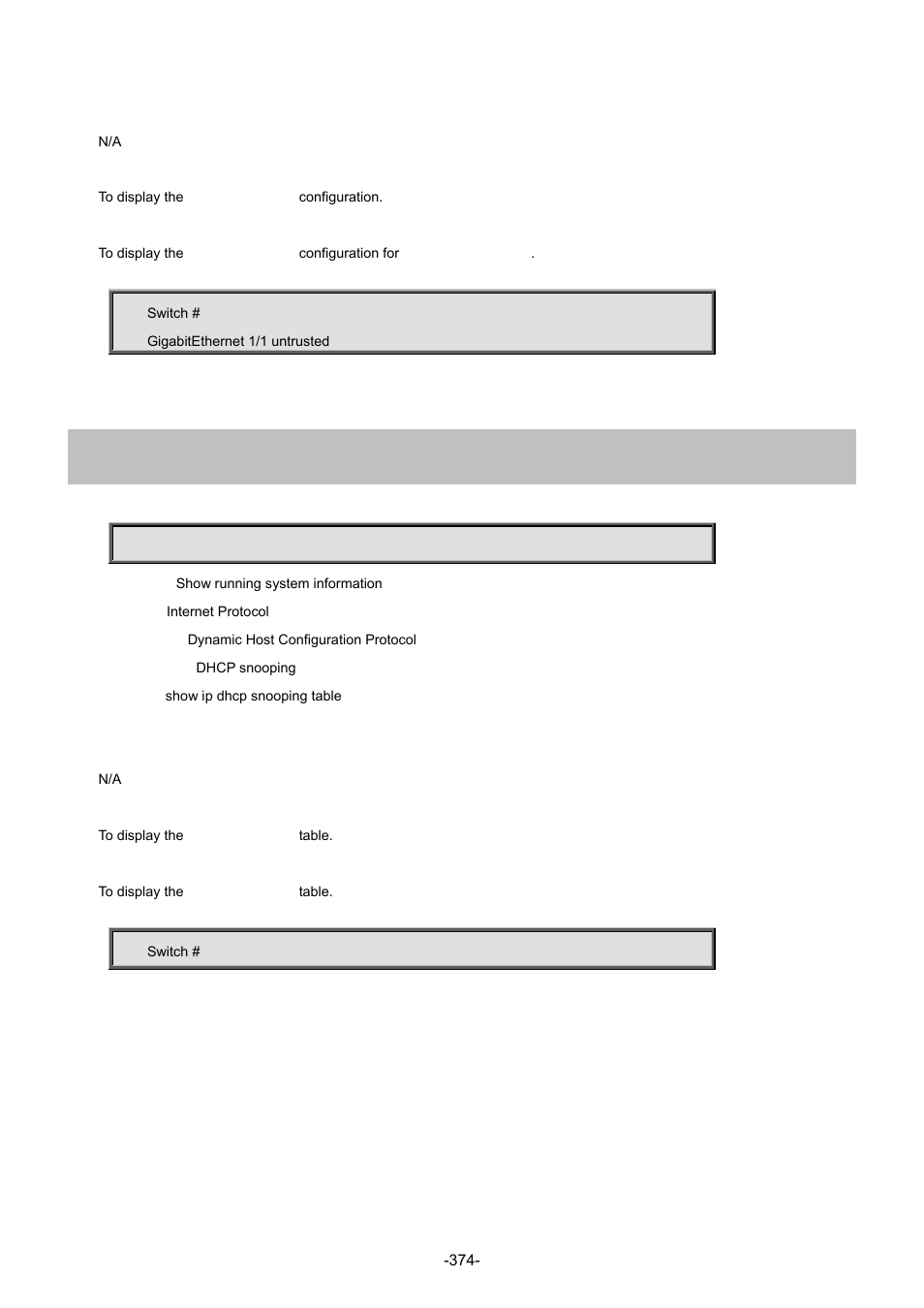 40 show ip dhcp snooping table | Interlogix NS4702-24P-4S-4X Command Line Guide User Manual | Page 374 / 434