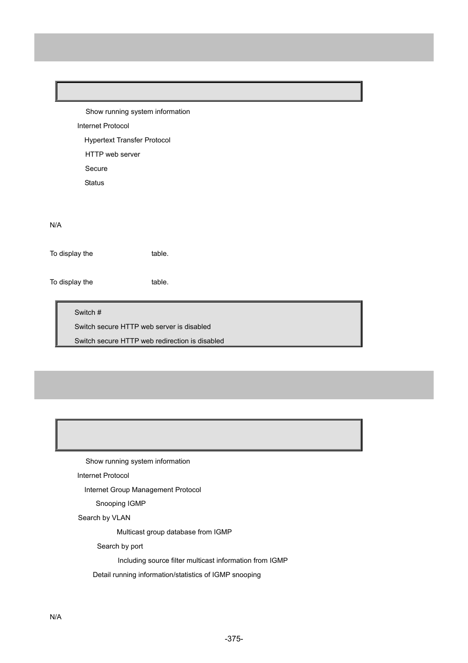 41 show ip http server secure status, 42 show ip igmp snooping | Interlogix NS4702-24P-4S-4X Command Line Guide User Manual | Page 375 / 434