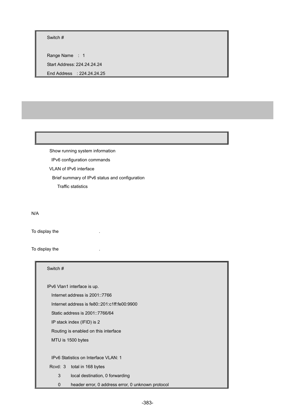 53 show ipv6 interface | Interlogix NS4702-24P-4S-4X Command Line Guide User Manual | Page 383 / 434