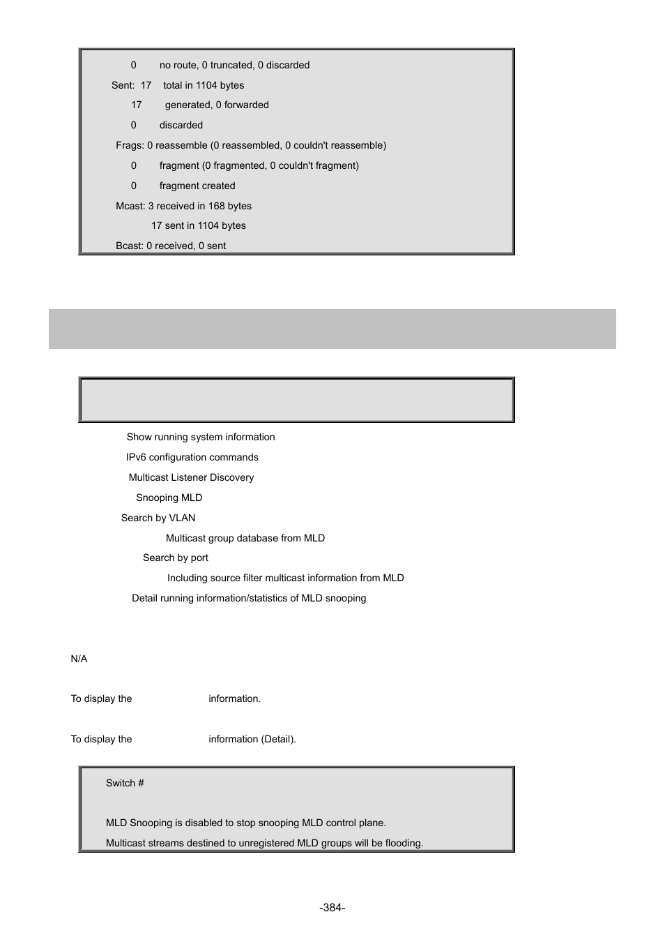 54 show ipv6 mld snooping | Interlogix NS4702-24P-4S-4X Command Line Guide User Manual | Page 384 / 434