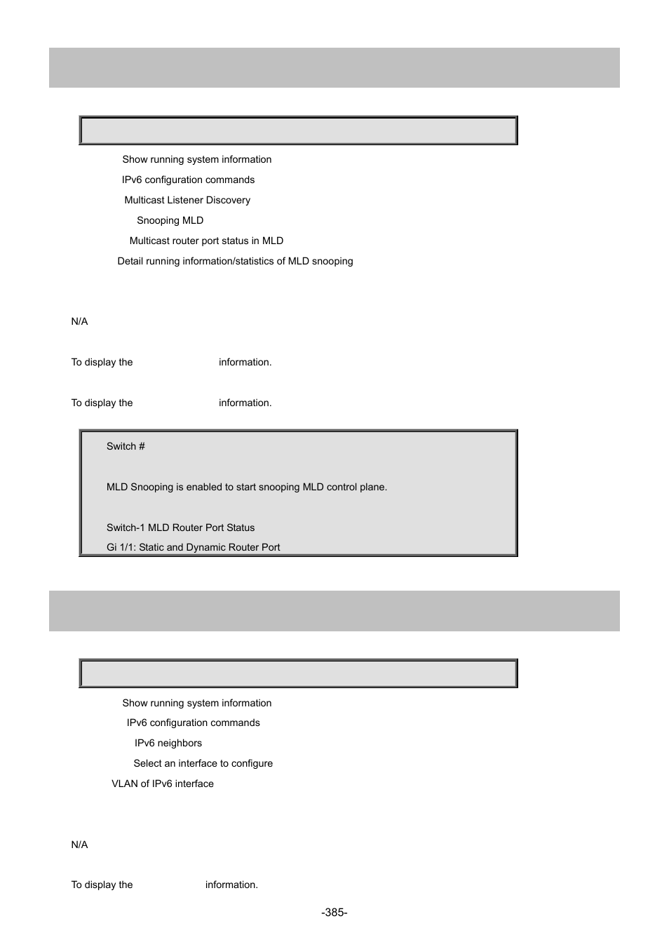 55 show ipv6 mld snooping mrouter, 56 show ipv6 neighbor | Interlogix NS4702-24P-4S-4X Command Line Guide User Manual | Page 385 / 434