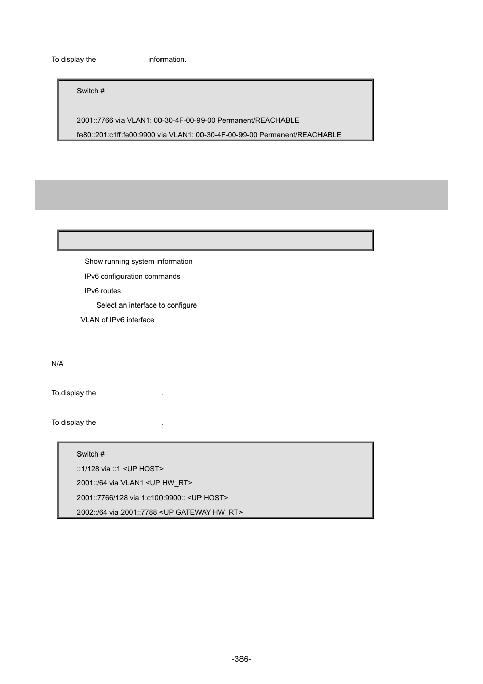 57 show ipv6 route | Interlogix NS4702-24P-4S-4X Command Line Guide User Manual | Page 386 / 434