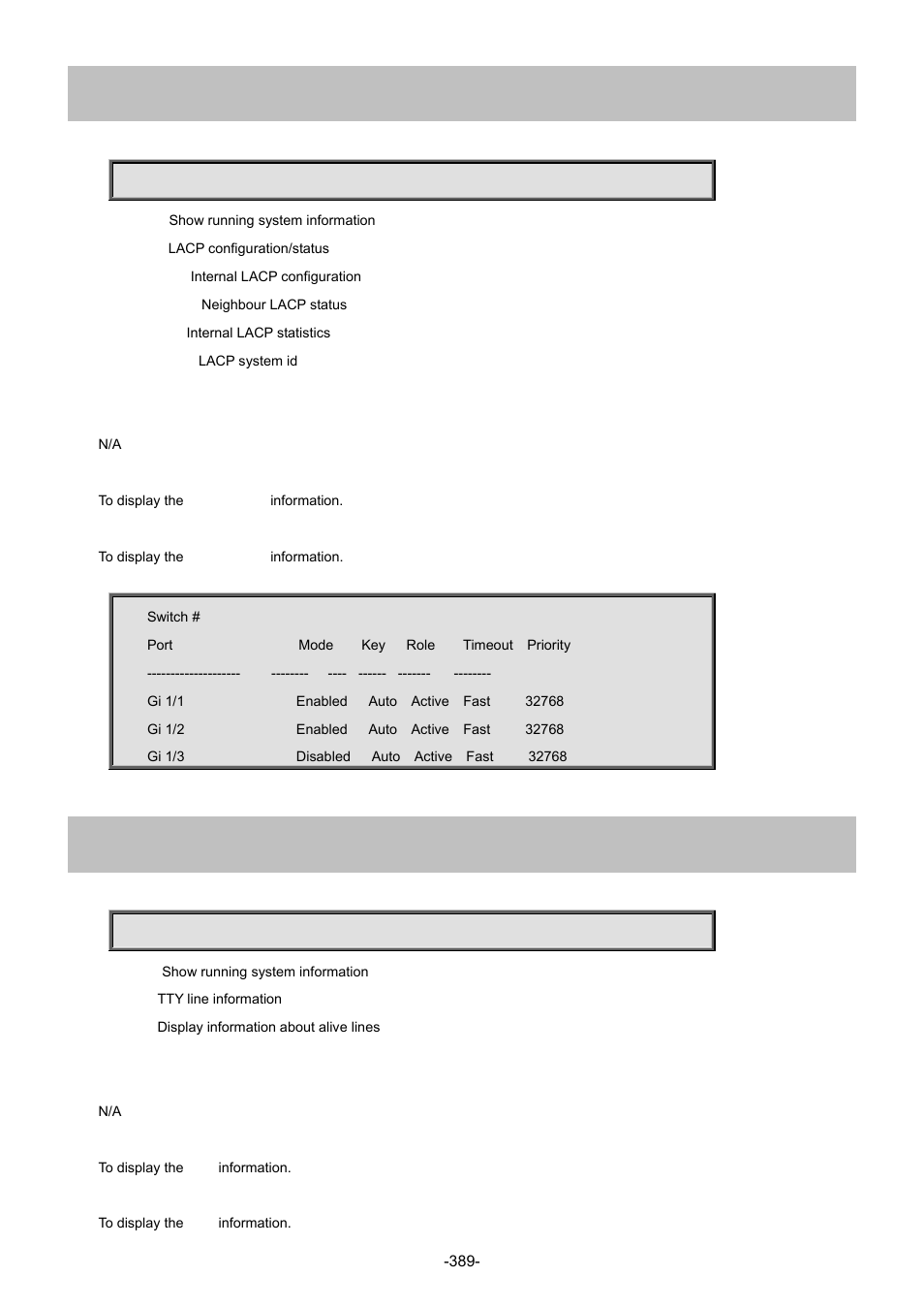 59 show lacp, 60 show line | Interlogix NS4702-24P-4S-4X Command Line Guide User Manual | Page 389 / 434