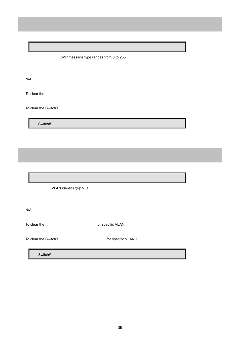 21 clear ip statistics icmp icmp-msg, 22 clear ip statistics icmp interface vlan | Interlogix NS4702-24P-4S-4X Command Line Guide User Manual | Page 39 / 434