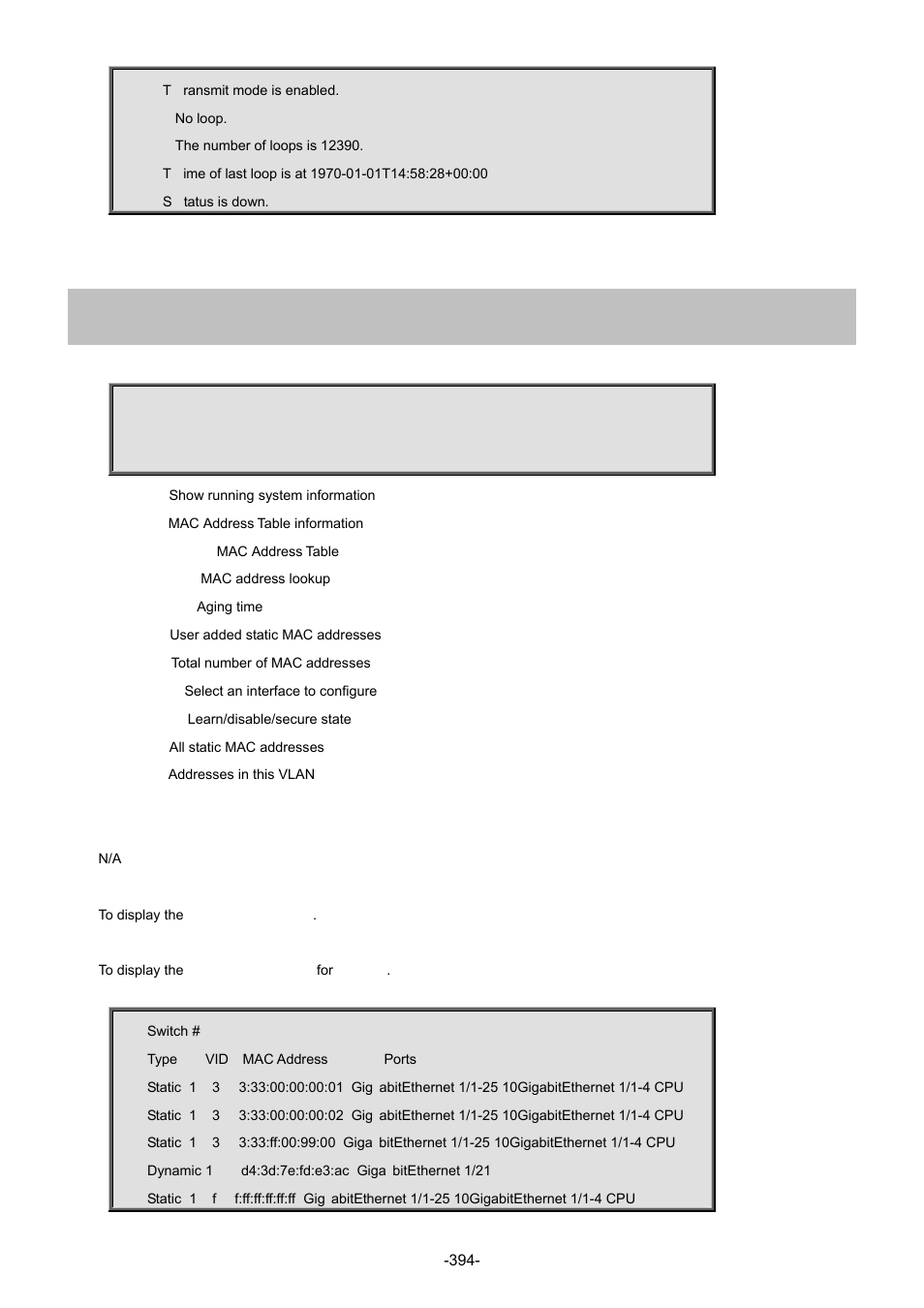 67 show mac address-table | Interlogix NS4702-24P-4S-4X Command Line Guide User Manual | Page 394 / 434