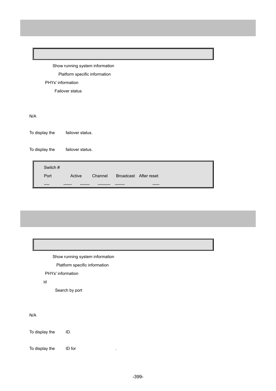 73 show platform phy failover, 74 show platform phy id | Interlogix NS4702-24P-4S-4X Command Line Guide User Manual | Page 399 / 434