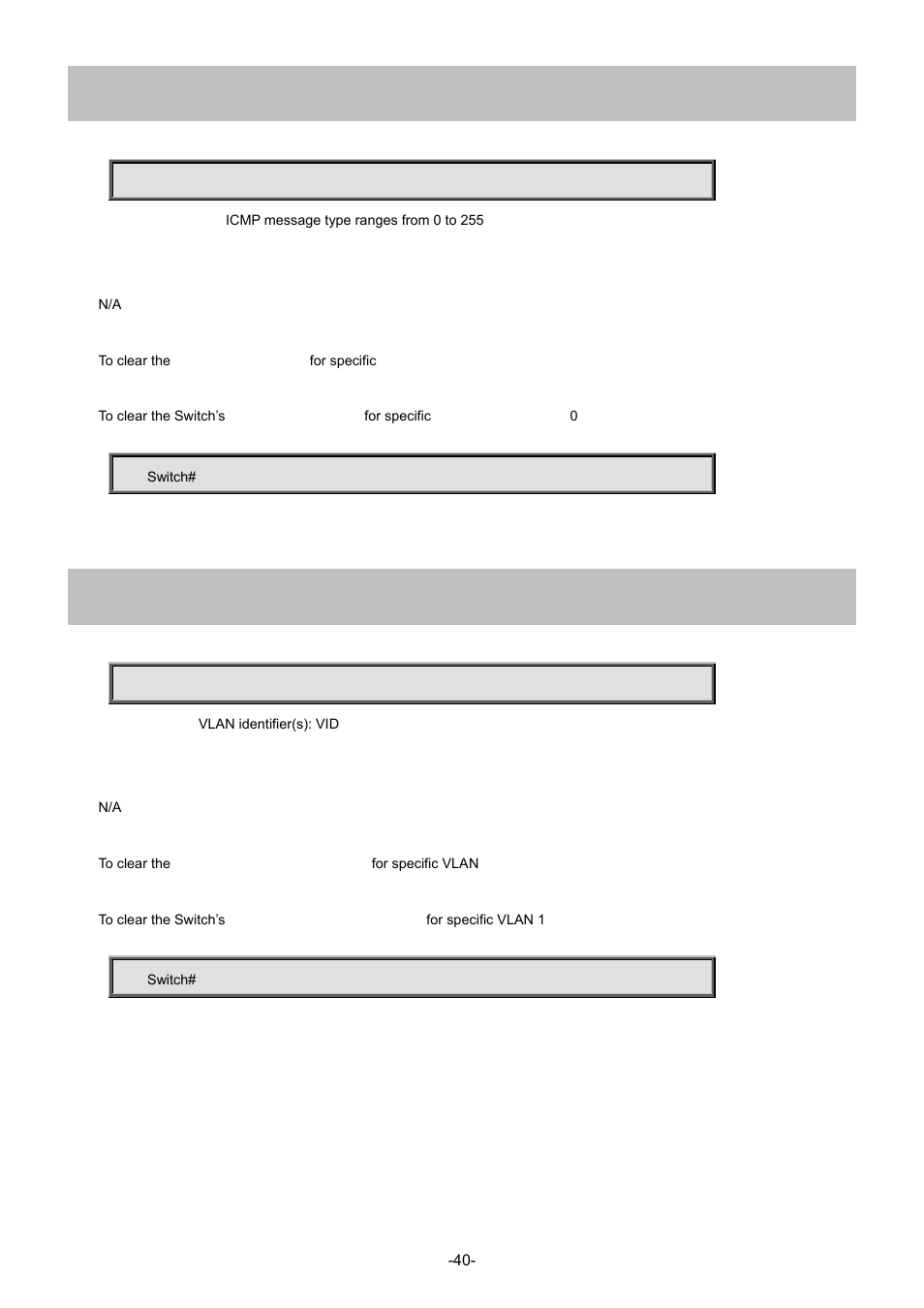 23 clear ip statistics system icmp icmp-msg, 24 clear ip statistics system icmp interface vlan | Interlogix NS4702-24P-4S-4X Command Line Guide User Manual | Page 40 / 434