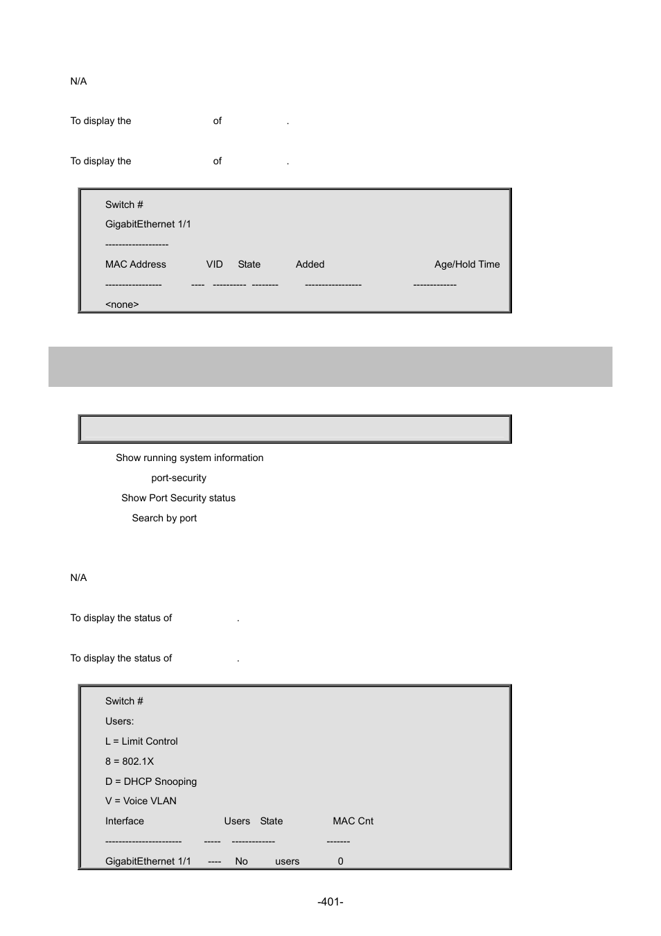 77 show port-security switch | Interlogix NS4702-24P-4S-4X Command Line Guide User Manual | Page 401 / 434