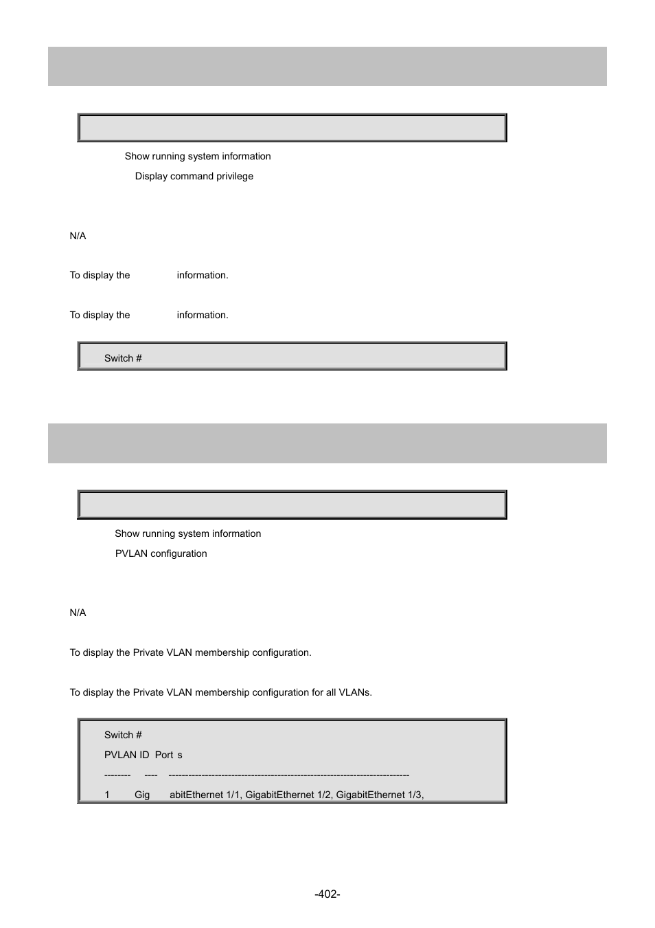 78 show privilege, 79 show pvlan | Interlogix NS4702-24P-4S-4X Command Line Guide User Manual | Page 402 / 434