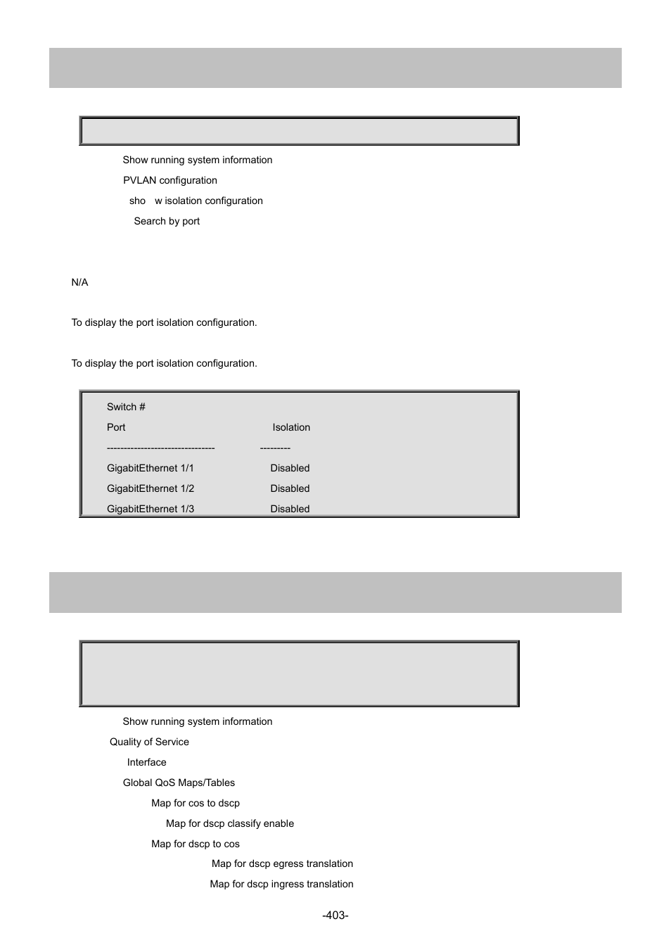 80 show pvlan isolation, 81 show qos | Interlogix NS4702-24P-4S-4X Command Line Guide User Manual | Page 403 / 434