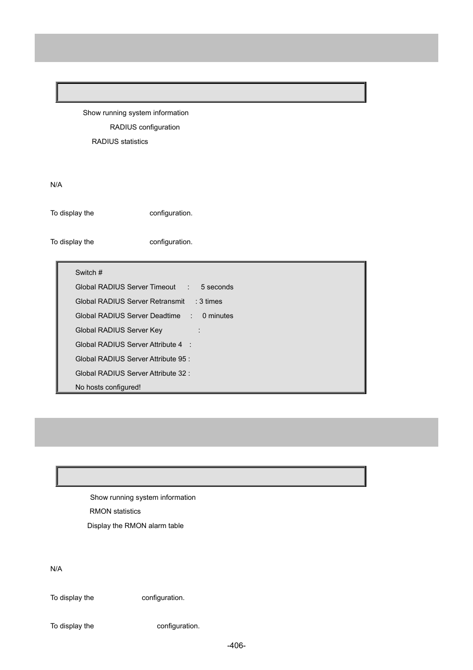 82 show radius-server, 83 show rmon alarm | Interlogix NS4702-24P-4S-4X Command Line Guide User Manual | Page 406 / 434