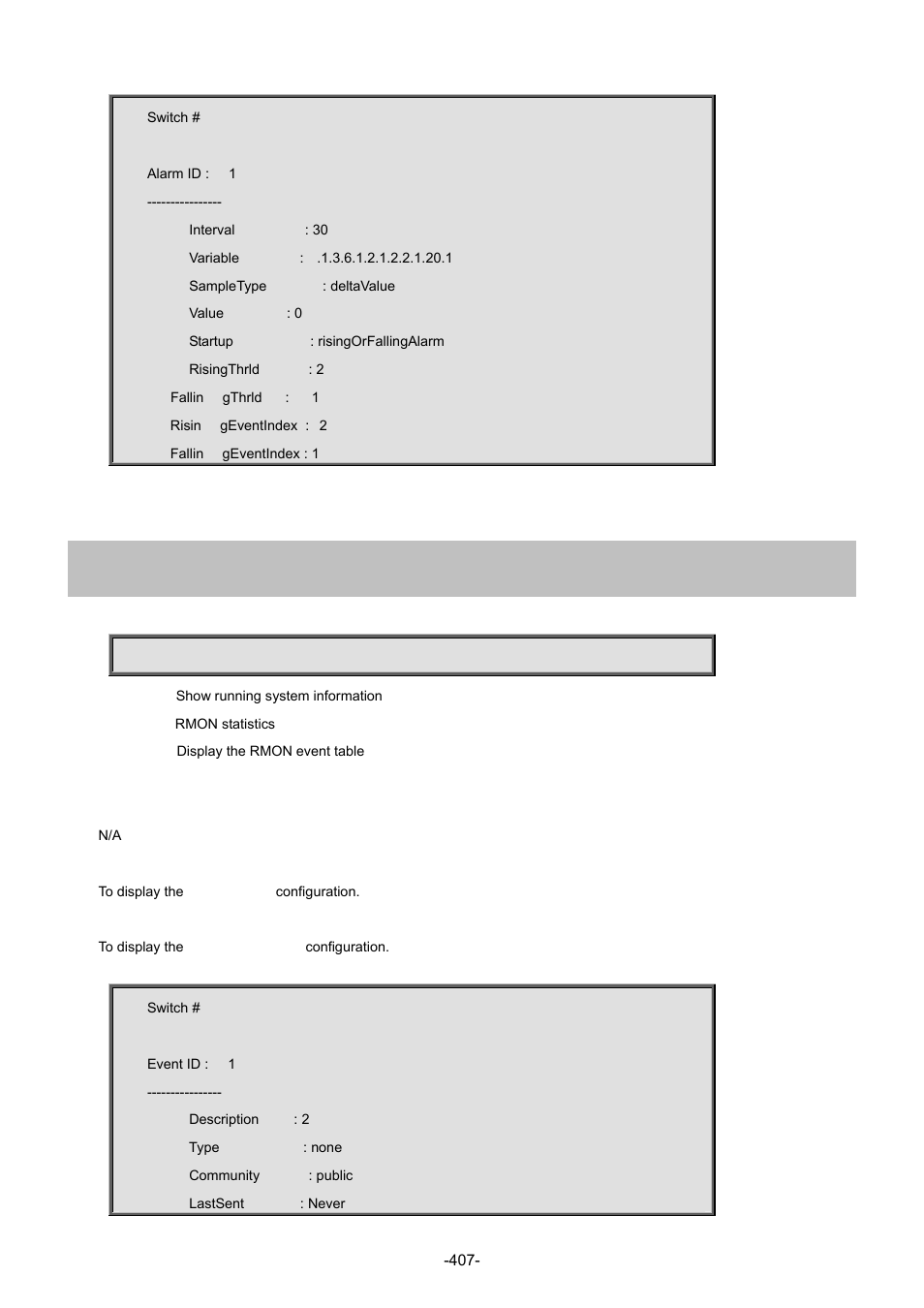 84 show rmon event | Interlogix NS4702-24P-4S-4X Command Line Guide User Manual | Page 407 / 434