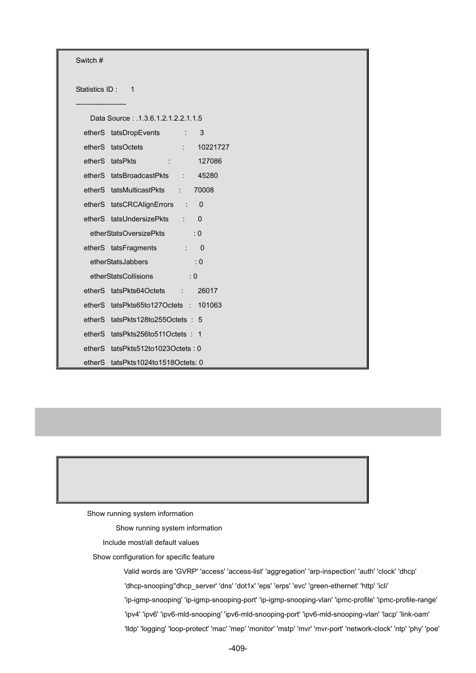 87 show running-config | Interlogix NS4702-24P-4S-4X Command Line Guide User Manual | Page 409 / 434