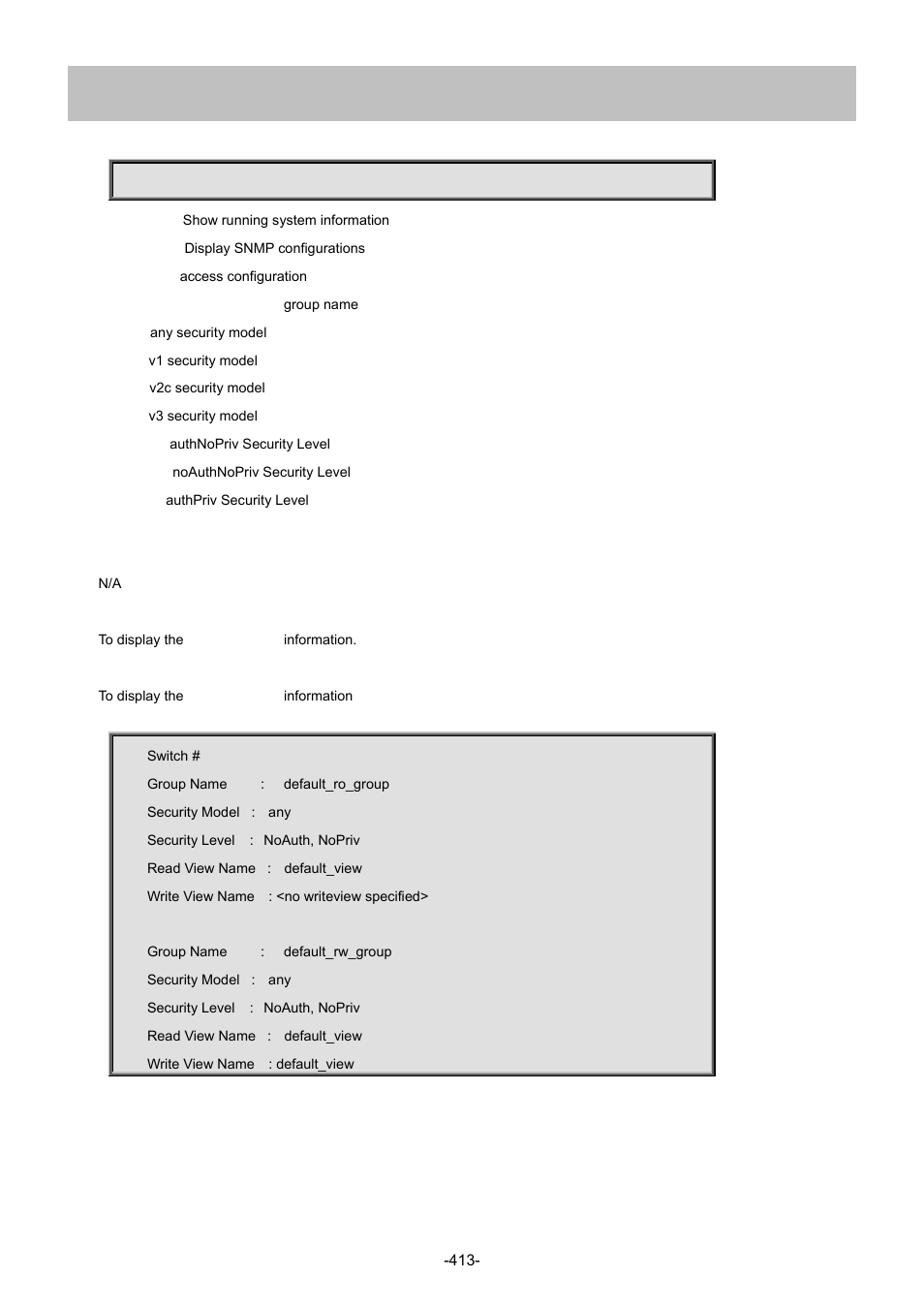 89 show snmp access | Interlogix NS4702-24P-4S-4X Command Line Guide User Manual | Page 413 / 434