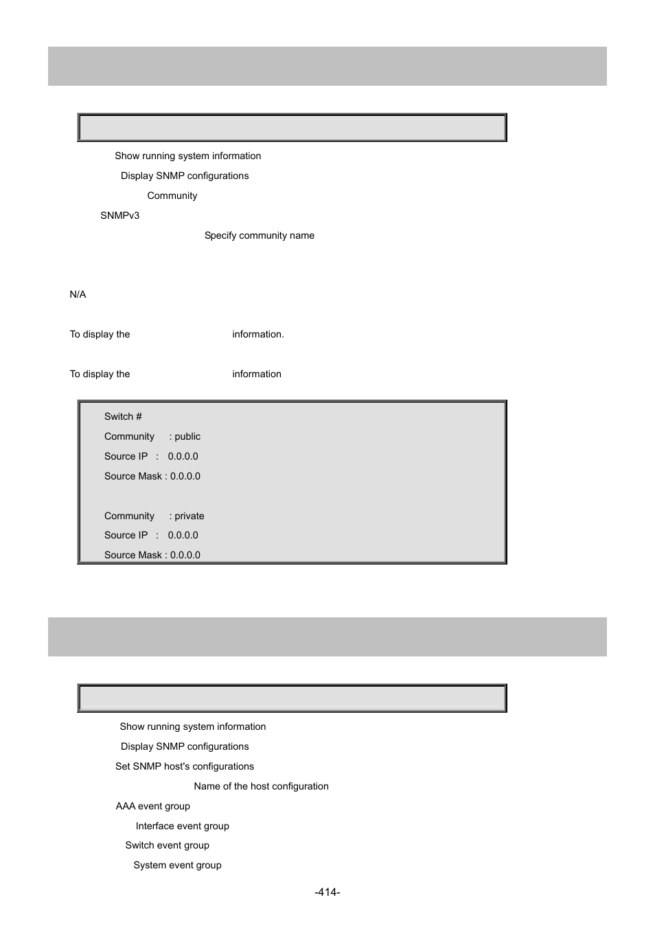 90 show snmp community v3, 91 show snmp host | Interlogix NS4702-24P-4S-4X Command Line Guide User Manual | Page 414 / 434