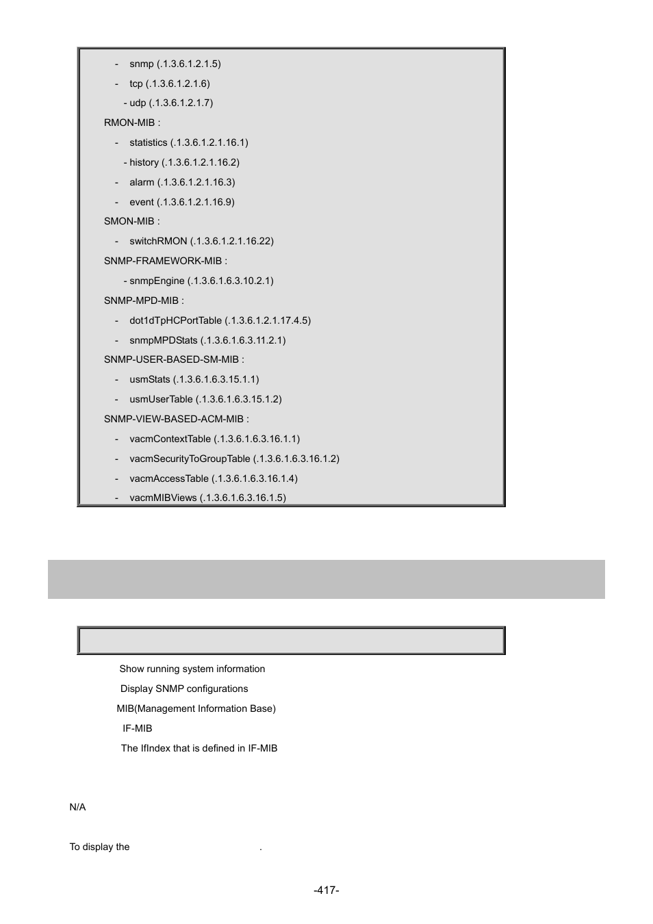 93 show snmp mib ifmib ifindex | Interlogix NS4702-24P-4S-4X Command Line Guide User Manual | Page 417 / 434