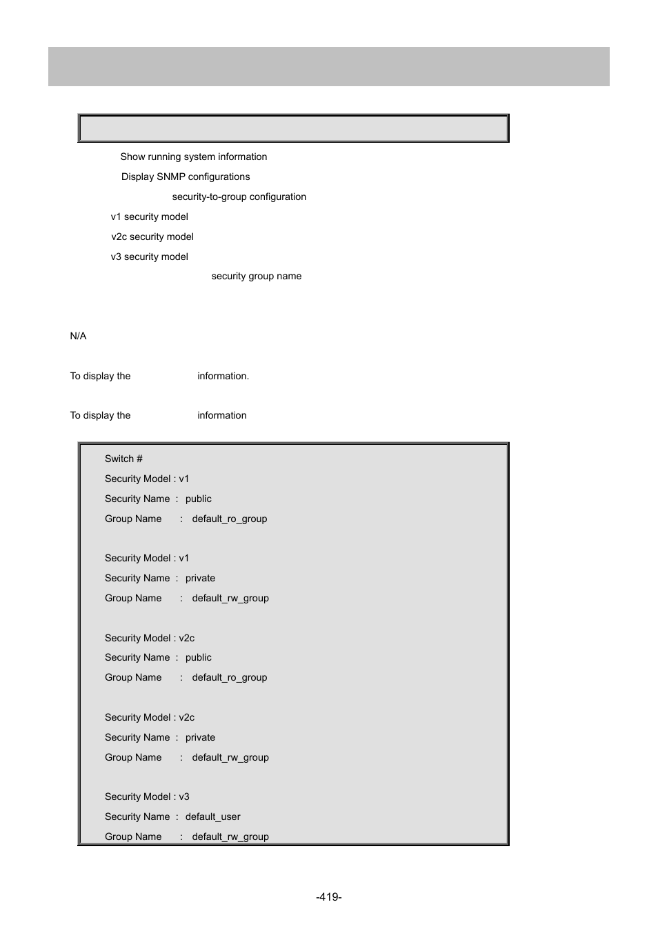94 show snmp security-to-group | Interlogix NS4702-24P-4S-4X Command Line Guide User Manual | Page 419 / 434