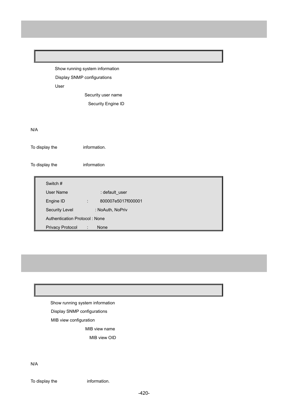 95 show snmp user, 96 show snmp view | Interlogix NS4702-24P-4S-4X Command Line Guide User Manual | Page 420 / 434