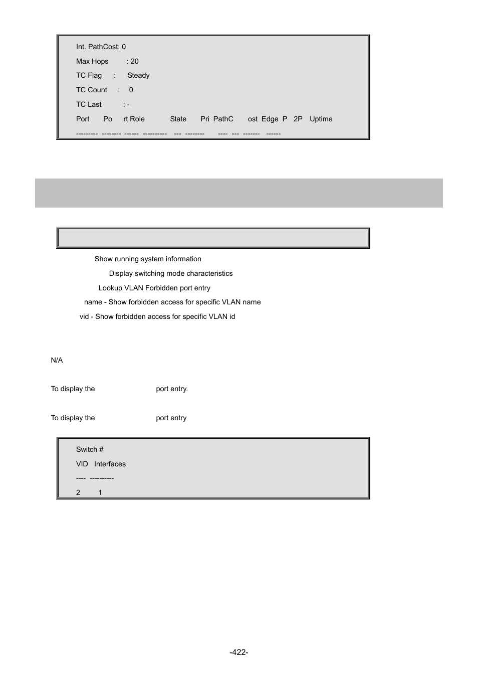 98 show switchport forbidden | Interlogix NS4702-24P-4S-4X Command Line Guide User Manual | Page 422 / 434