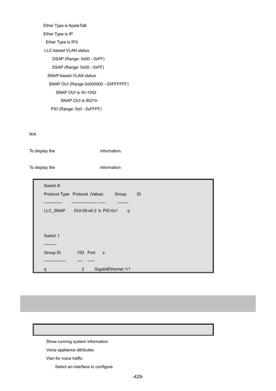 108 show voice vlan | Interlogix NS4702-24P-4S-4X Command Line Guide User Manual | Page 429 / 434